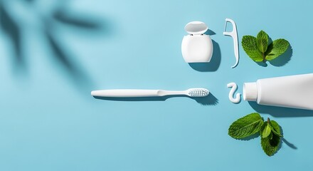 Dental hygiene products including toothbrush, toothpaste, and floss on a blue background