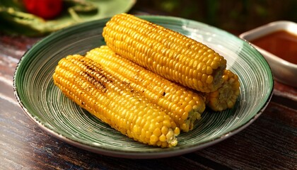 the vibrant corn on the cob is artfully plated and inviting
