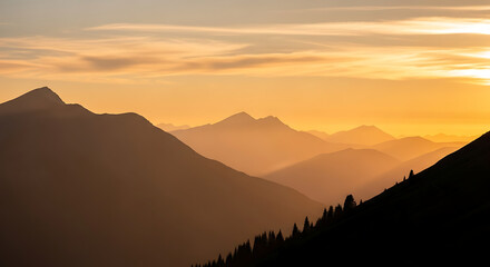 Fototapeta premium Golden hour illuminates mountain range silhouette with trees and a hazy sky in the distance