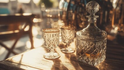 Fototapeta premium Crystal decanter with stopper and two cut-glass goblets on a sunlit wooden bar. Concept Crystal Decanter, Cut-Glass Goblets, Sunlit Bar, Wooden Bar Top, Still Life