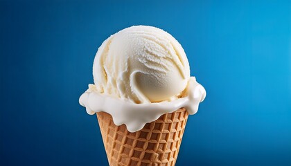 two scoops of vanilla ice cream on top ice cream cone blue background