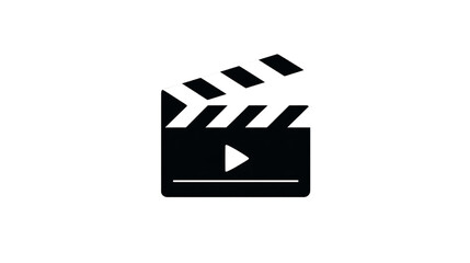 Black and white icon of a movie clapboard with play button isolated on transparent background