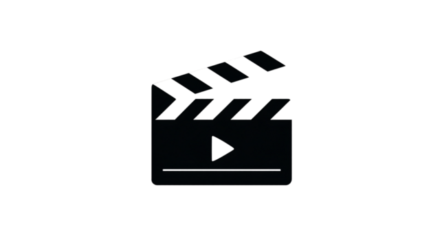 Black and white icon of a movie clapboard with play button isolated on transparent background