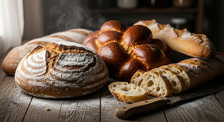 Assortment of freshly baked breads on a wooden table with a knife and flour dusting around them