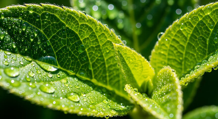 Close up shot of vibrant green leaves covered in water droplets glistening in the bright sunlight