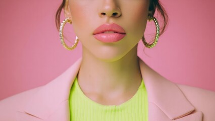 Close-up of a woman's lips with pink lipstick, large hoop earrings, wearing a pink blazer and neon lime top against a pink background. Concept Close-up portrait, Pink lipstick, Large hoop earrings