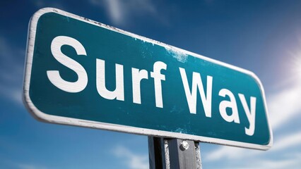 A teal street sign reading Surf Way on a metal pole against a clear blue sky. Concept Teal Street Sign, Surf Way, Metal Pole, Clear Blue Sky, Urban Street Scene