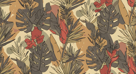 Modern exotic floral tropical vector pattern. Collage contemporary seamless pattern. Hand drawn cartoon style pattern. Minimalism