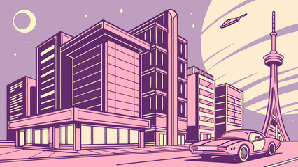 Retro futuristic cityscape with buildings tower car and spaceship in a pastel color palette