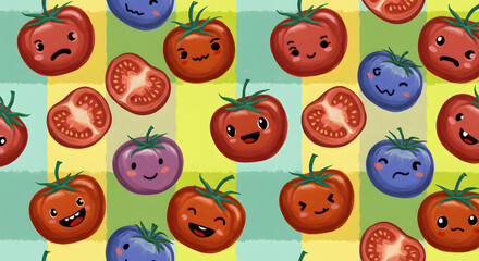 Trendy seamless summer pattern featuring colorful tomatoes on a checkered background, painted in vibrant acrylic style. This playful tropical-inspired design is perfect for fashion, fabric, textiles