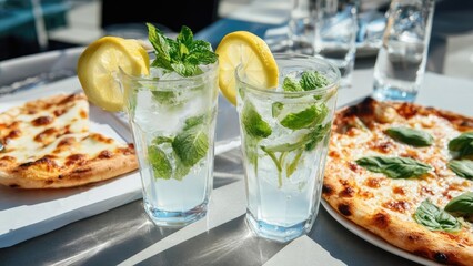 Two mojito cocktails with lemon wedges and fresh mint, on a table beside pizzas. Concept Mojito cocktails, Lemon wedges, Fresh mint, Pizzas on table, Casual dining