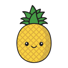 Cute pineapple with a smiling face isolated on white background, a tropical fruit icon