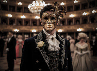 Young man wearing elaborate golden mask at masquerade ball