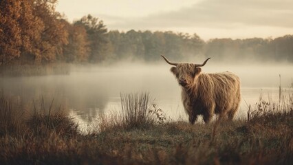 Image of A shaggy Highland cow with long horns stands beside a misty lake in autumnal grassland. Concept Highland Cow Portrait, Misty Lakeside Scene, Autumn Grassland Colors, Rustic Rural Photography printed on Printed Glass Splashbacks