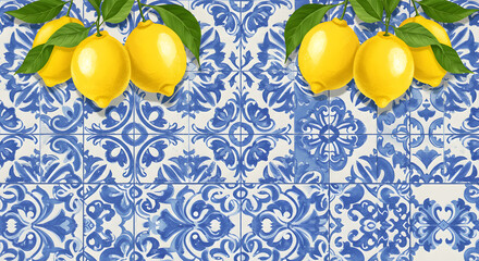 Elegant horizontal seamless pattern with yellow lemons, green foliage, and blue azulejo-style tiles. Perfect for kitchen wallpaper, table runners, fabric design, packaging, and Mediterranean