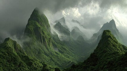 Emerald green mountains covered in dense forest, rising through mist and clouds. Concept Misty Mountains, Emerald Forest, Cloudy Peaks, Dense Foliage, Mountain Landscape