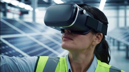 Female engineer in a highvisibility vest uses a virtual reality headset to inspect and manage a solar panel installation interacting with holographic interfaces in an industrial setting showcasing ad. - Powered by Adobe