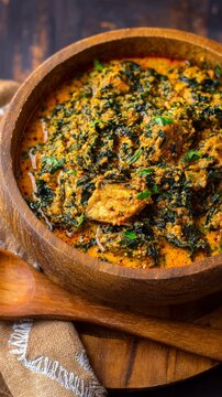 A freshly cooked bowl of Nigerian egusi soup presented in a rustic wooden bowl.