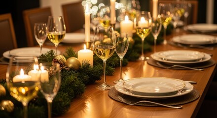 Illustration of elegant christmas dinner table setting with candles, wine glasses, and festive decorations for celebration