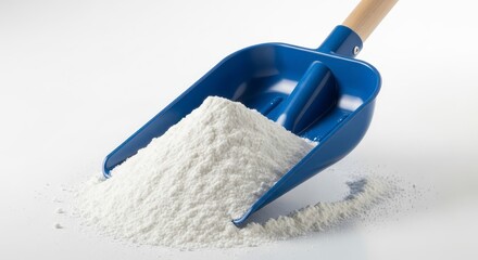 Blue scoop with white flour powder on clean background.