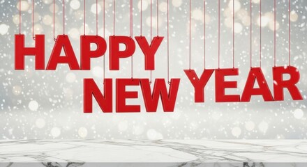 Illustration of happy new year red letters hanging on strings with bokeh lights and snow background