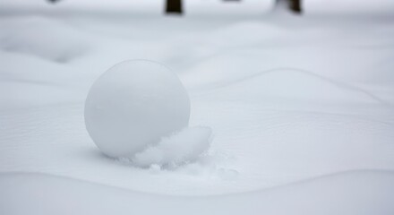 White snowball on pristine winter snow with copy space.