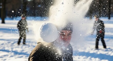 Snowball impact on head with winter park fun.