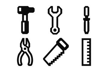 Essential hand tool icons in bold black line art for diy and repair projects