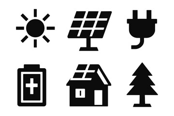Eco-friendly icons: solar energy, battery, and nature symbols in black silhouette style