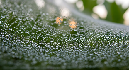 Close up of a spider web covered in dew drops with a blurred green background in soft focus view