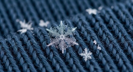 Winter Snowflake on Blue Knitted Fabric Macro.