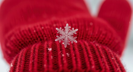 Delicate snowflake on red mitten in winter snow.