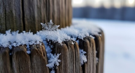 Macro Snowflake on Rustic Wood Post in Winter Snow.