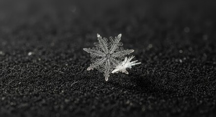 Macro snowflake on dark texture winter background.