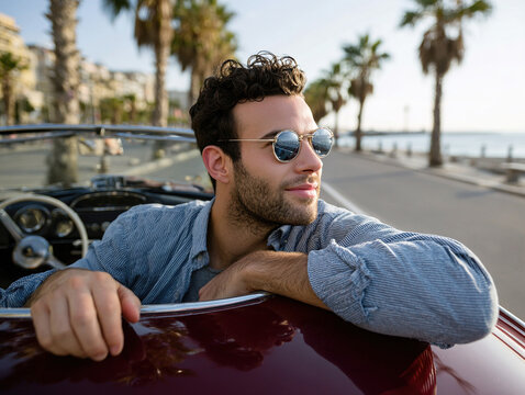 Relaxed Man In Sunglasses Leans From Classic Convertible On Coastal Road During A Sunny Drive - Powered by Adobe