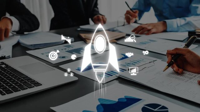 A dynamic business team discusses strategies to launch new ideas, surrounded by graphs and charts, fostering collaboration and innovation in a modern workspace. Raster - Powered by Adobe