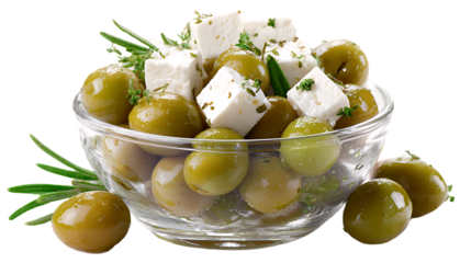 Bowl of green olives and feta cheese isolated on transparent background