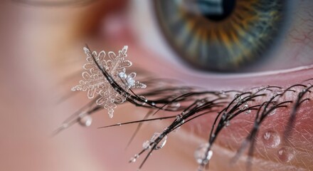 Winter Snowflake on Eyelash with Human Eye Closeup.