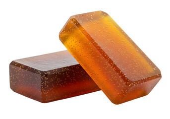 Two bars of amber colored glycerin soap isolated on transparent background, ready to use