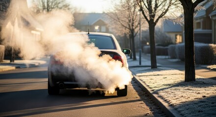 Car Exhaust Smoke Pollution Winter Day Environment.