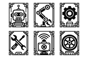 Obraz premium Retro futuristic icons featuring robots, gears, and tools in a monochrome decorative frame