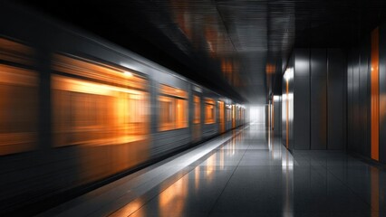 Fototapeta premium Motion-blurred orange-lit subway train rushes through a sleek underground station with a shiny reflective floor. Concept Motion blur, Orange-lit subway, Underground station, Reflective floor