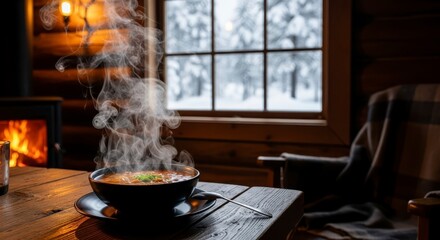 Hot steaming soup in cozy cabin with snowy winter view.