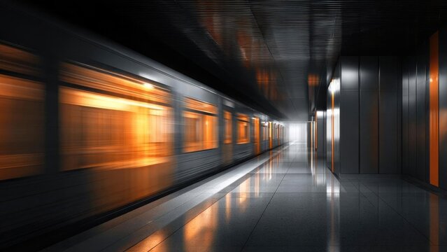 Motion-blurred orange-lit subway train rushes through a sleek underground station with a shiny reflective floor. Concept Motion blur, Orange-lit subway, Underground station, Reflective floor - Powered by Adobe