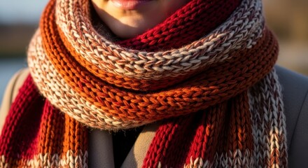 Person in Cozy Knitted Scarf with Warm Fall Fashion.