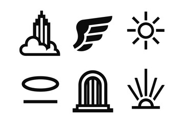 Obraz premium Minimalist icons: cityscape, wing, sun, halo, gate, sunburst