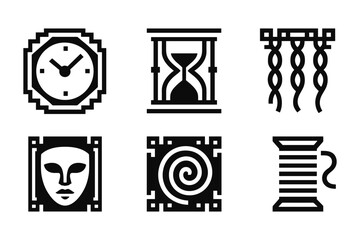 Fototapeta premium Geometric minimalist icons featuring clock, hourglass, mask, and scroll designs