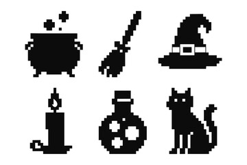 Obraz premium Pixel art halloween icons: witch hat, cauldron, broom, potion, candle, black cat