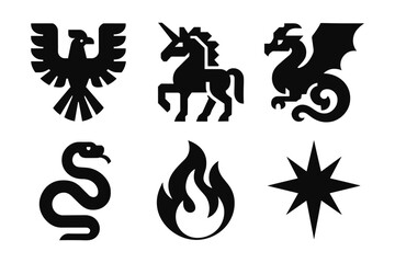 Mythical creature silhouettes: dragon, unicorn, phoenix, and more