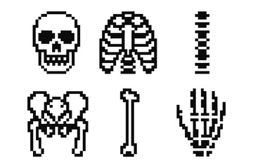 Retro pixel art skeleton anatomy featuring skull, ribs, spine, pelvis, bone, and hand